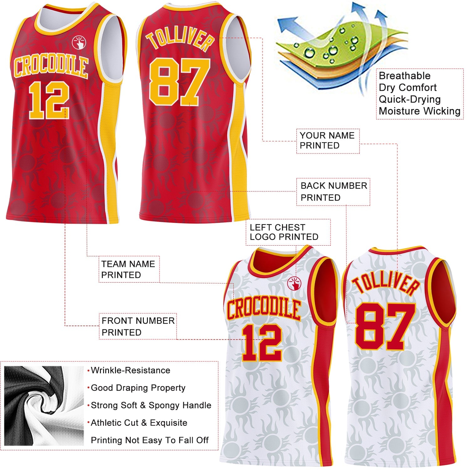 Custom Red Gold-White Side Panel Stripe Sun Flame Reversible Double Side Sublimation Basketball Set Jersey view 3