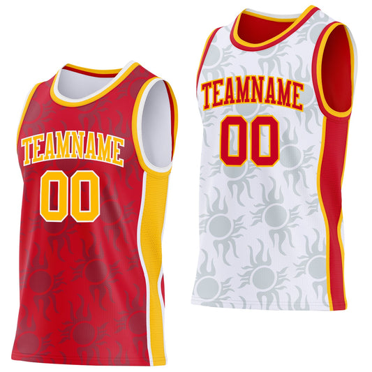 Custom Red Gold-White Side Panel Stripe Sun Flame Reversible Double Side Sublimation Basketball Set Jersey - Main View