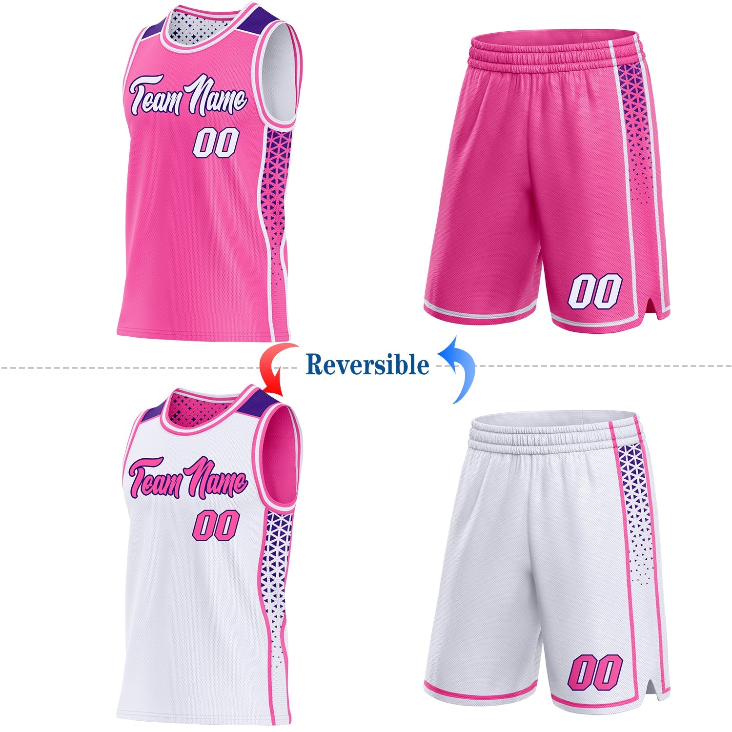 Custom Pink White-Purple Side Panel Stripe Geometric Triangle Gradient Dot Reversible Double Side Sublimation Basketball Set Jersey view 2