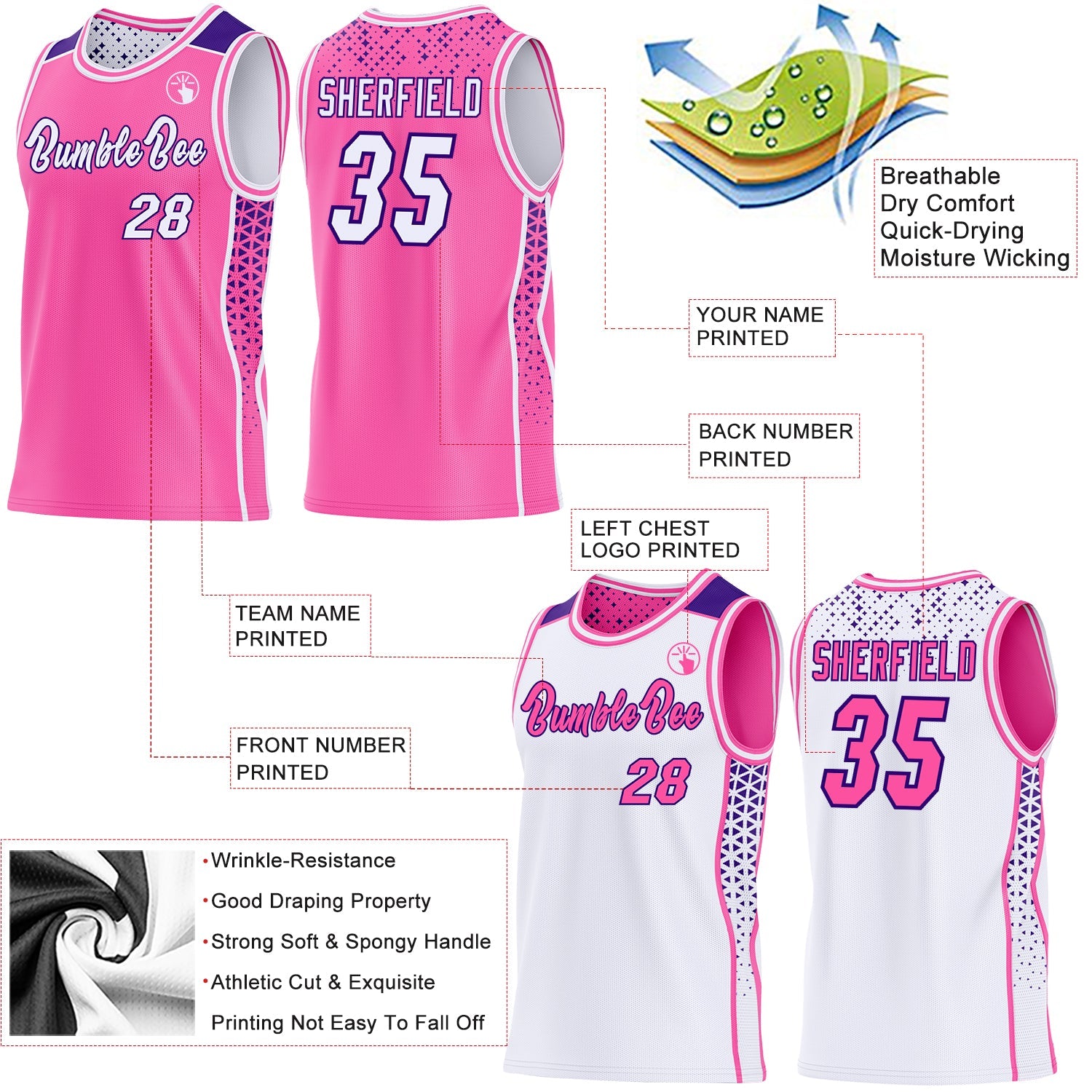 Custom Pink White-Purple Side Panel Stripe Geometric Triangle Gradient Dot Reversible Double Side Sublimation Basketball Set Jersey view 3