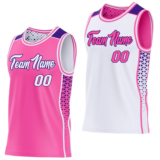 Custom Pink White-Purple Side Panel Stripe Geometric Triangle Gradient Dot Reversible Double Side Sublimation Basketball Set Jersey - Main View