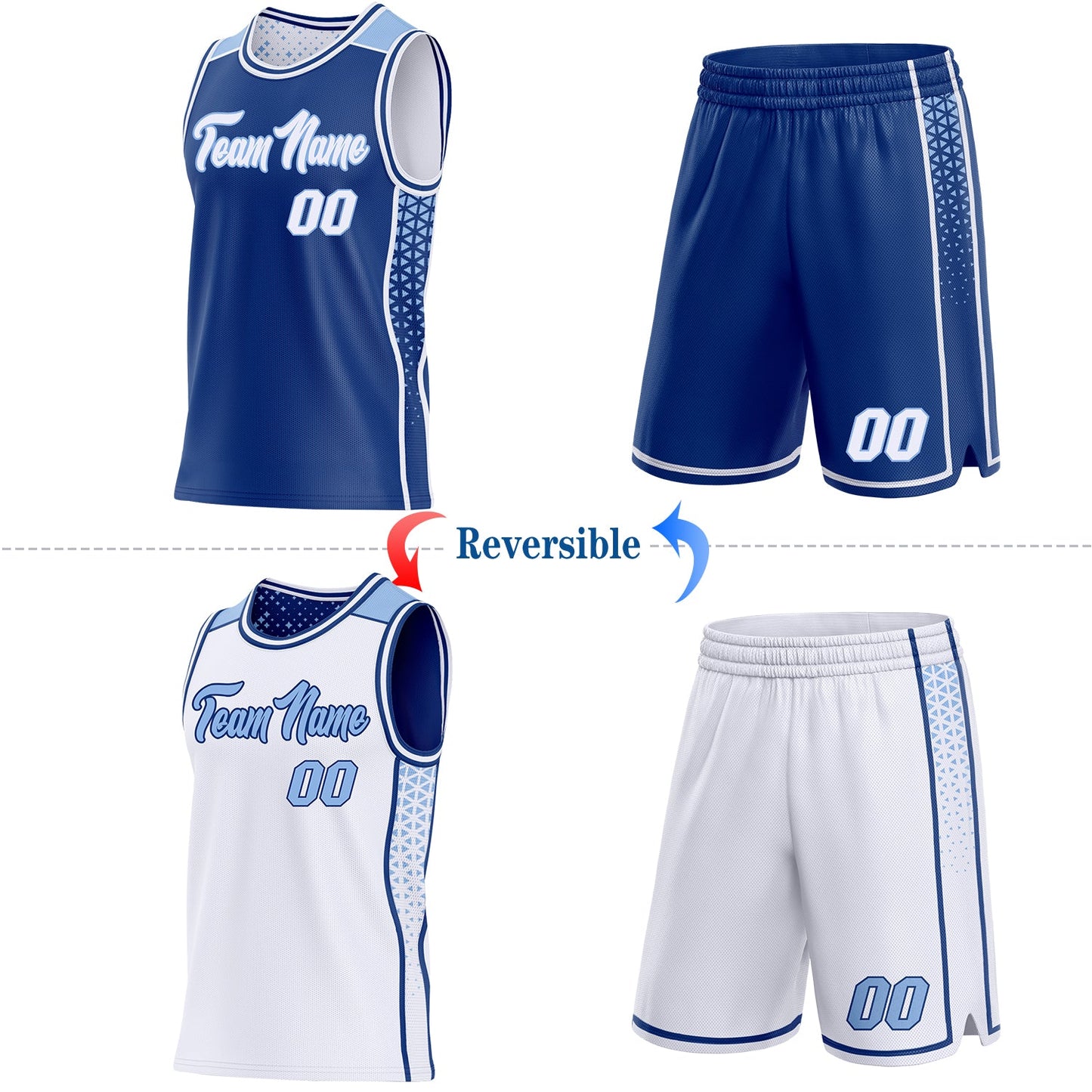 Custom Royal White-Light Blue Side Panel Stripe Geometric Triangle Gradient Dot Reversible Double Side Sublimation Basketball Set Jersey view 2