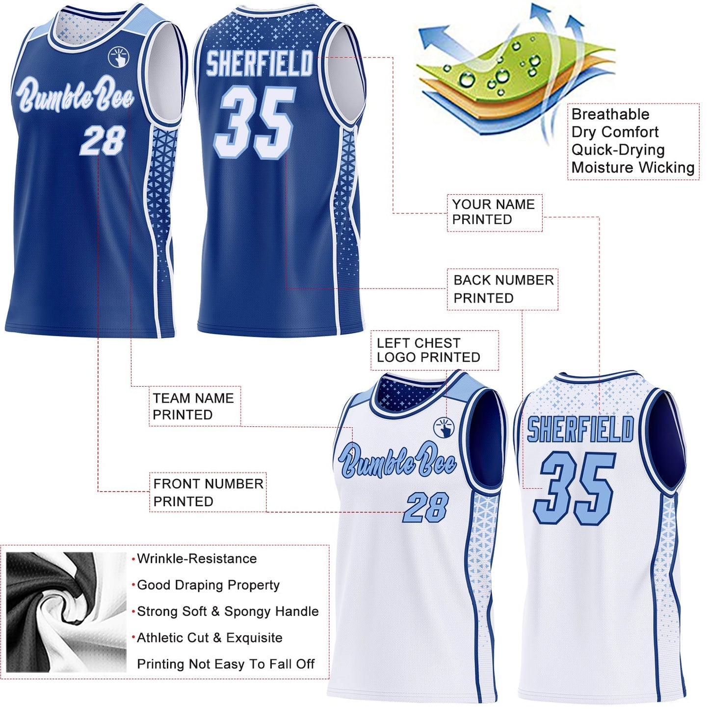 Custom Royal White-Light Blue Side Panel Stripe Geometric Triangle Gradient Dot Reversible Double Side Sublimation Basketball Set Jersey view 3