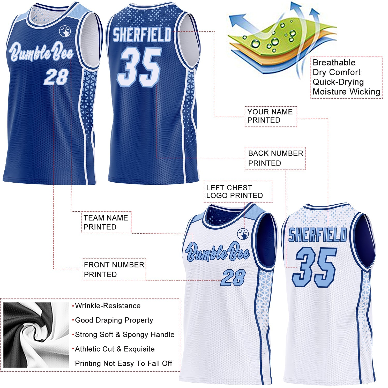 Custom Royal White-Light Blue Side Panel Stripe Geometric Triangle Gradient Dot Reversible Double Side Sublimation Basketball Set Jersey view 3