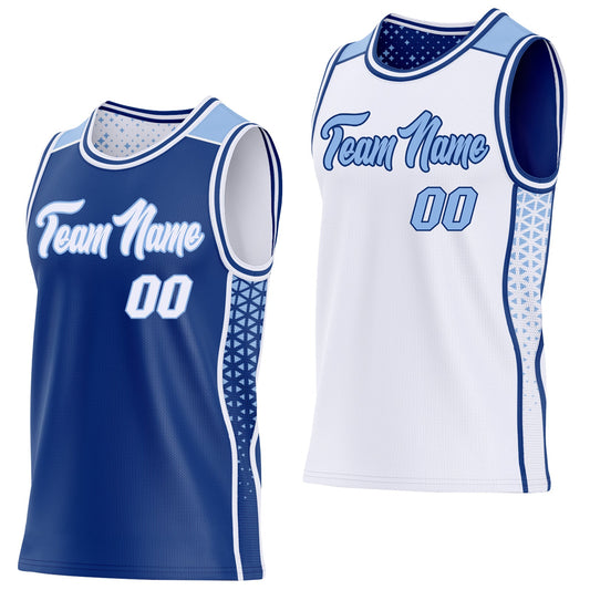 Custom Royal White-Light Blue Side Panel Stripe Geometric Triangle Gradient Dot Reversible Double Side Sublimation Basketball Set Jersey - Main View
