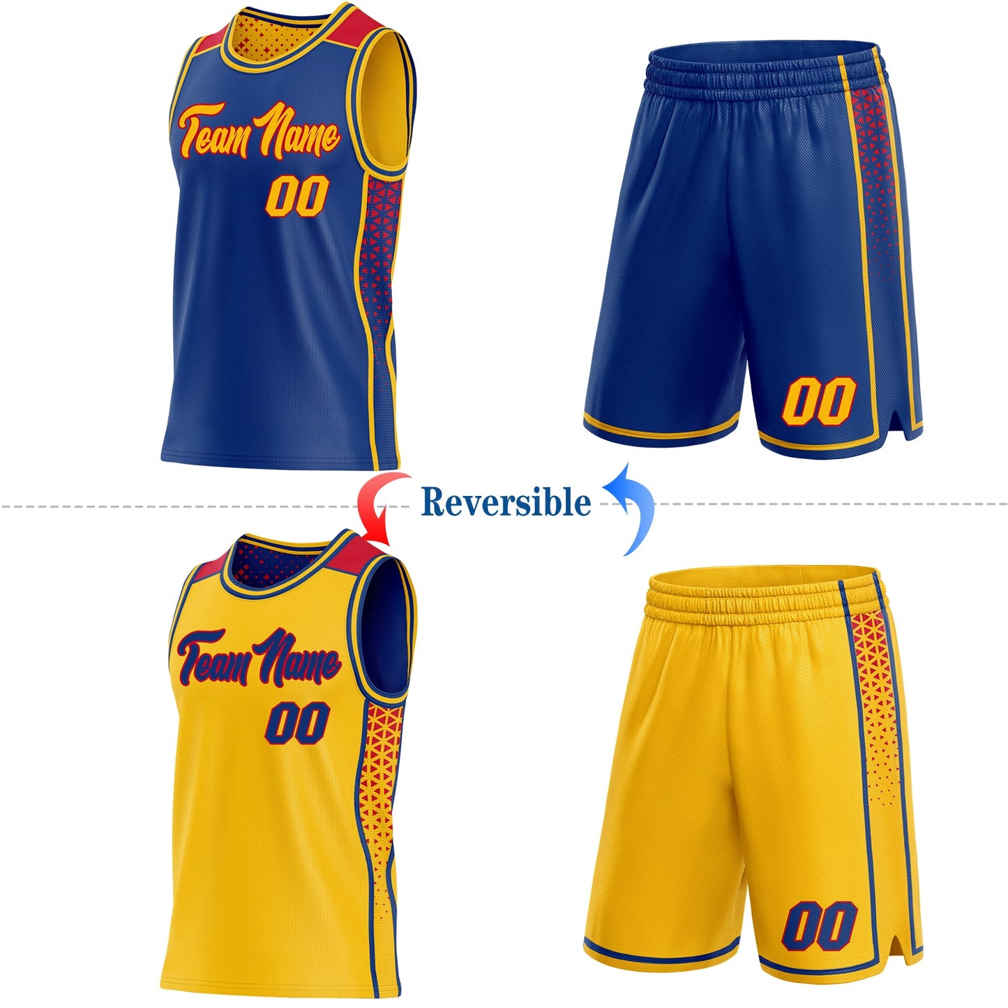 Custom Royal Gold-Red Side Panel Stripe Geometric Triangle Gradient Dot Reversible Double Side Sublimation Basketball Set Jersey view 2