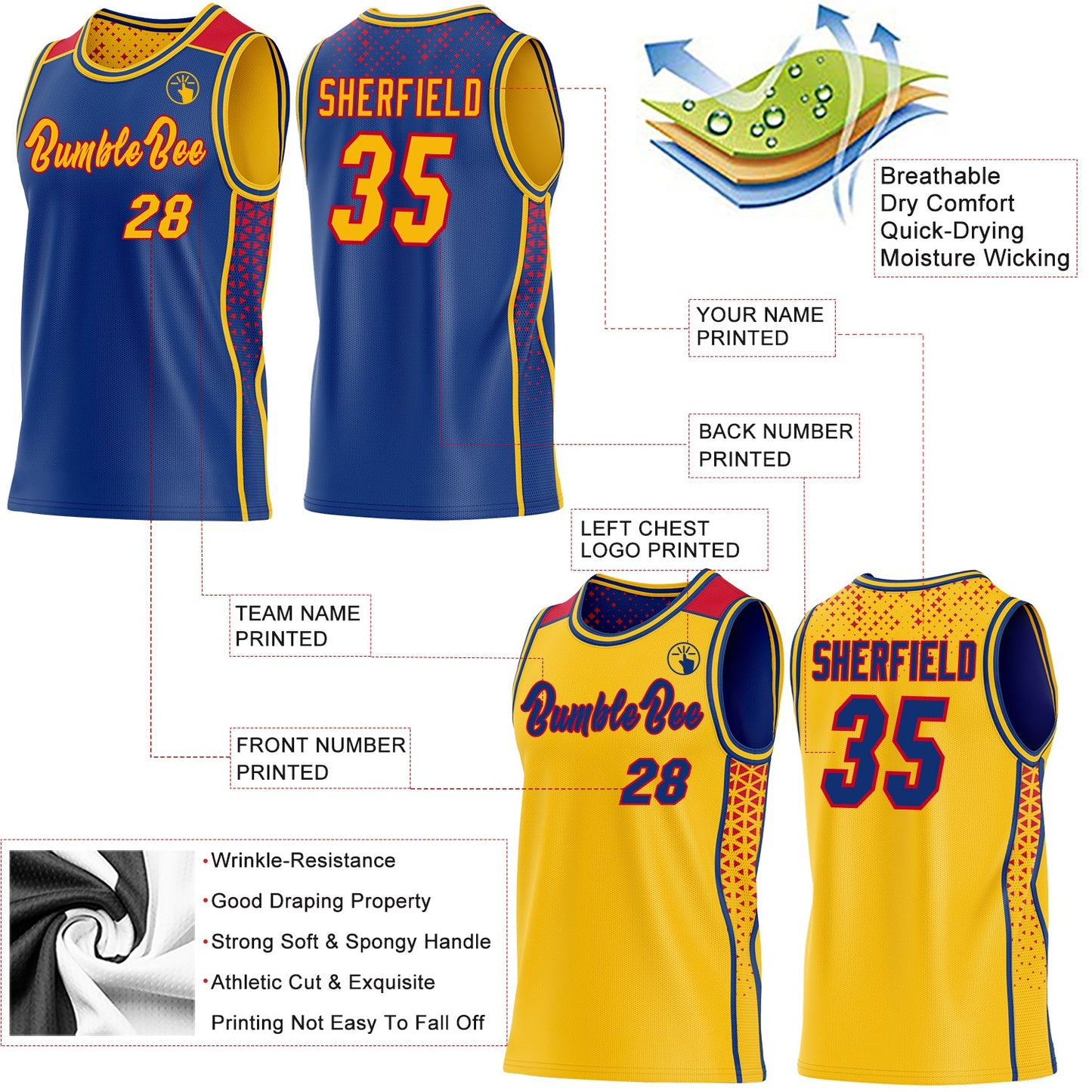 Custom Royal Gold-Red Side Panel Stripe Geometric Triangle Gradient Dot Reversible Double Side Sublimation Basketball Set Jersey view 3