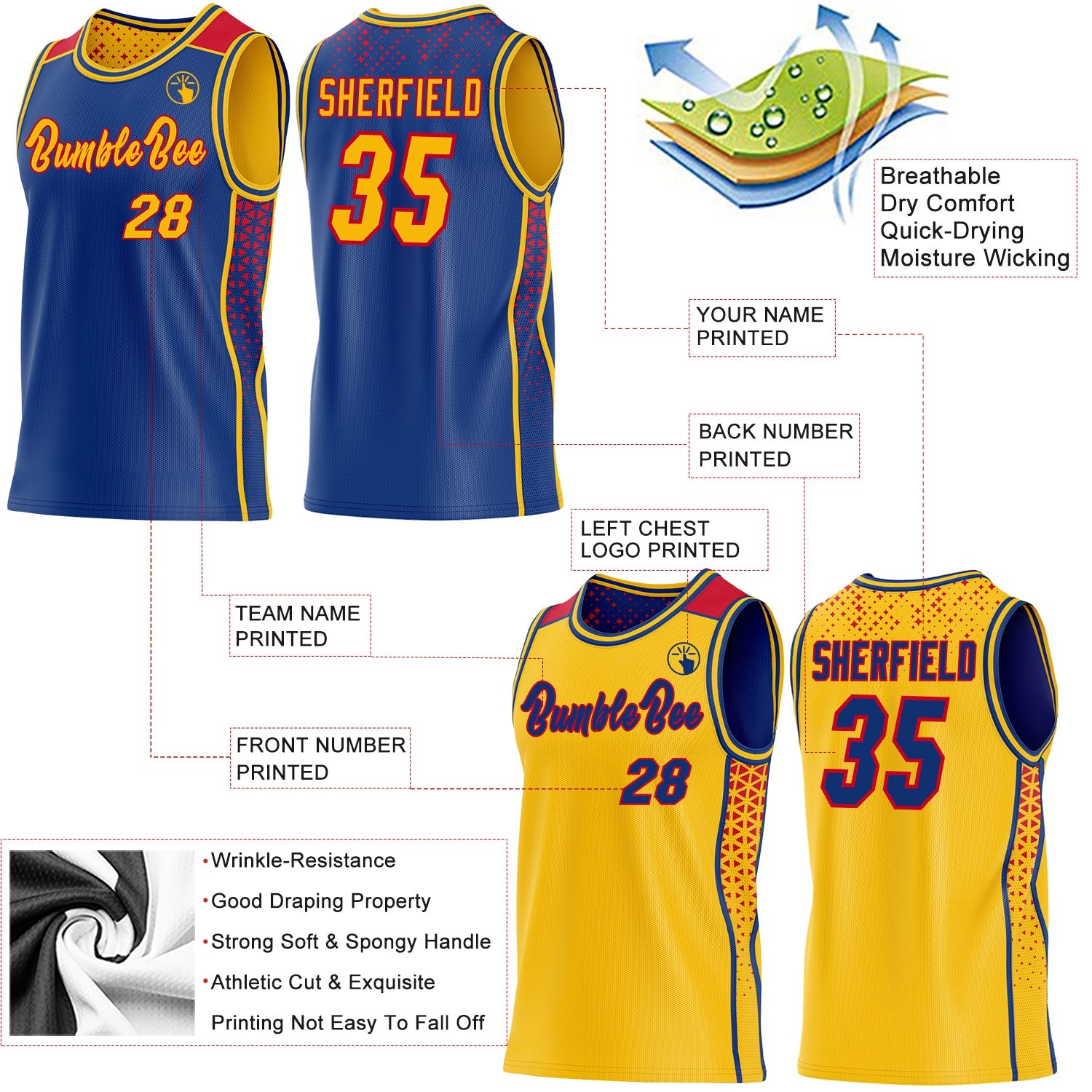 Custom Royal Gold-Red Side Panel Stripe Geometric Triangle Gradient Dot Reversible Double Side Sublimation Basketball Set Jersey view 3