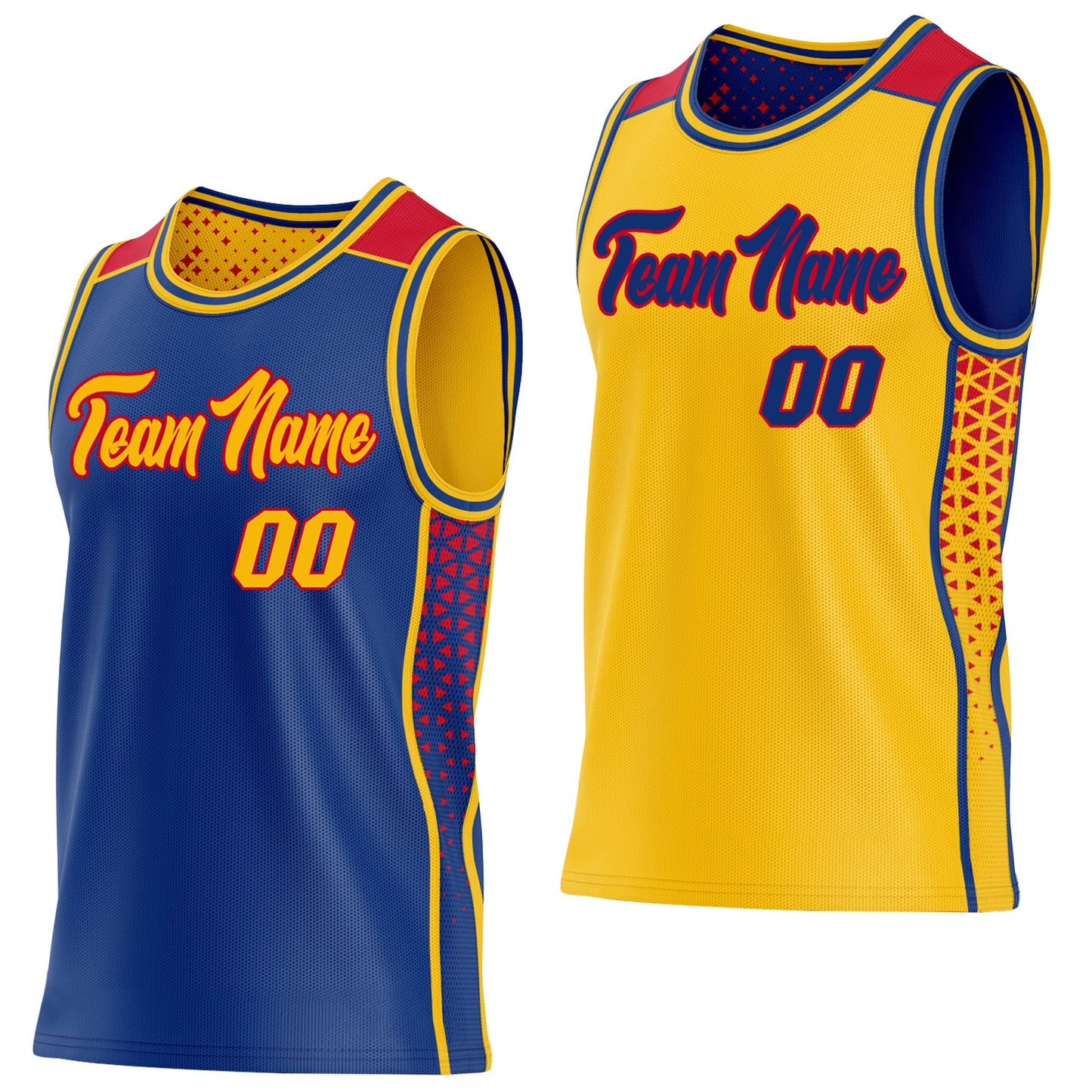 Custom Royal Gold-Red Side Panel Stripe Geometric Triangle Gradient Dot Reversible Double Side Sublimation Basketball Set Jersey - Main View