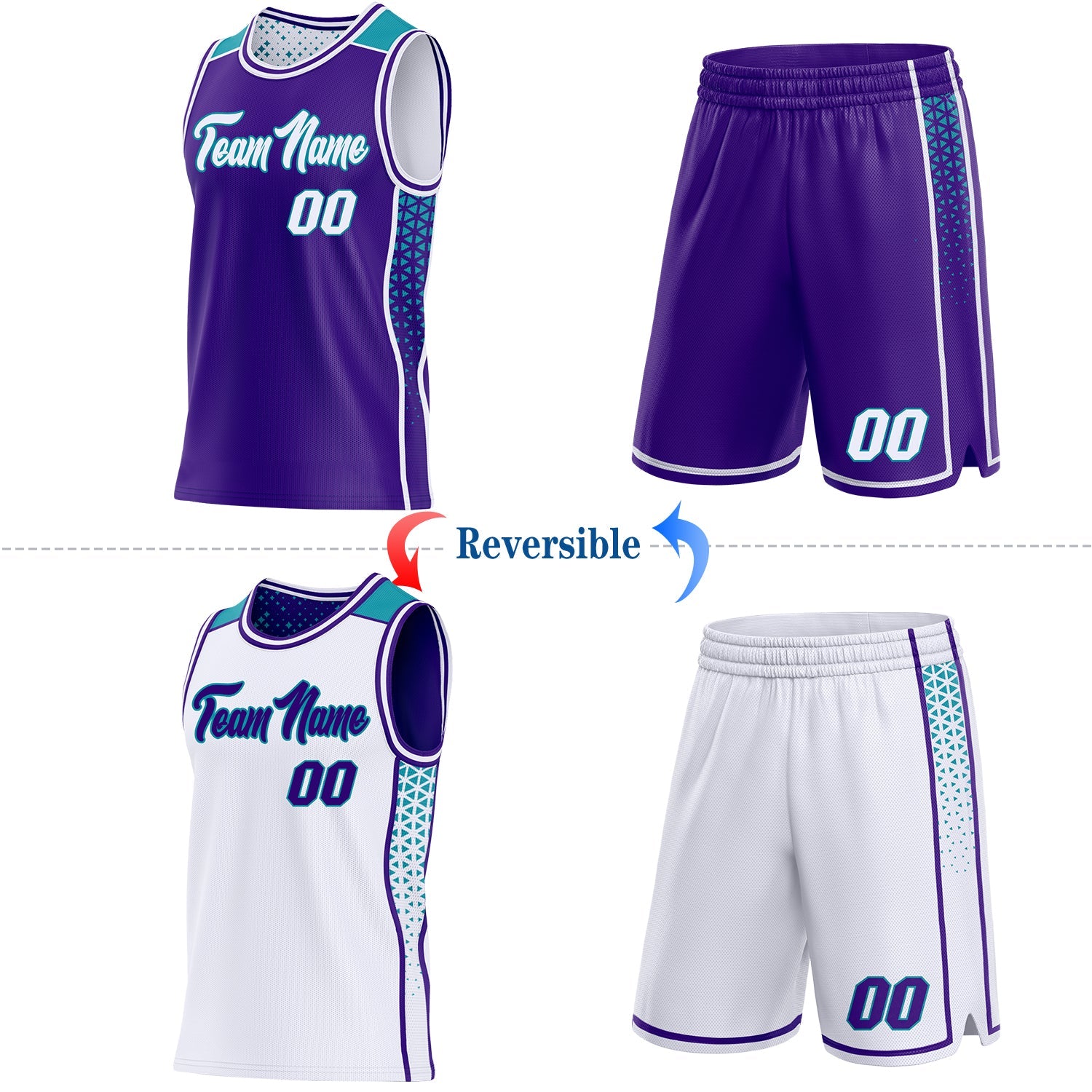 Custom Purple White-Teal Side Panel Stripe Geometric Triangle Gradient Dot Reversible Double Side Sublimation Basketball Set Jersey view 2