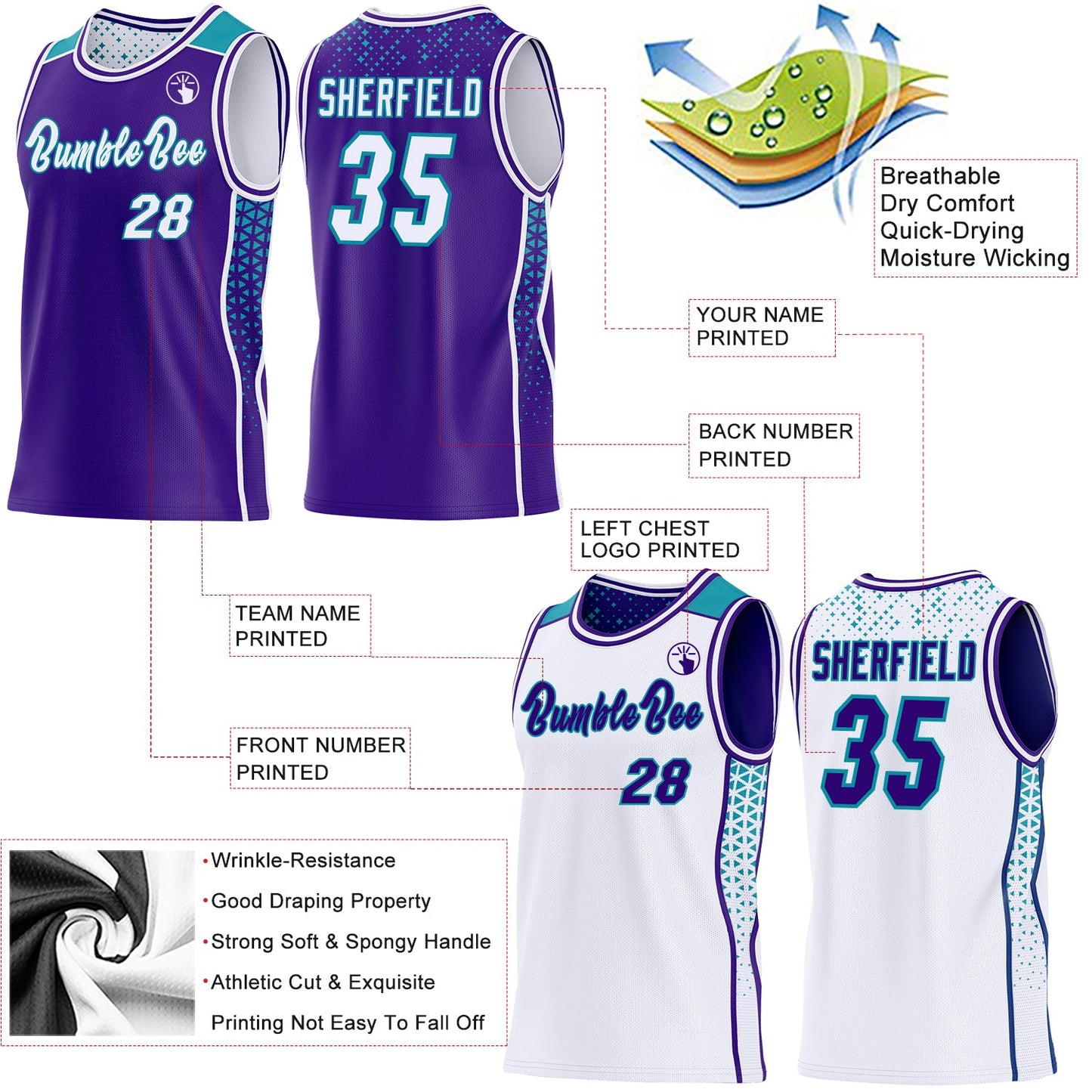 Custom Purple White-Teal Side Panel Stripe Geometric Triangle Gradient Dot Reversible Double Side Sublimation Basketball Set Jersey view 3