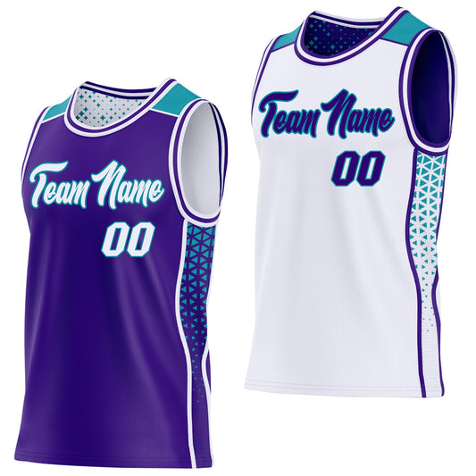 Custom Purple White-Teal Side Panel Stripe Geometric Triangle Gradient Dot Reversible Double Side Sublimation Basketball Set Jersey - Main View