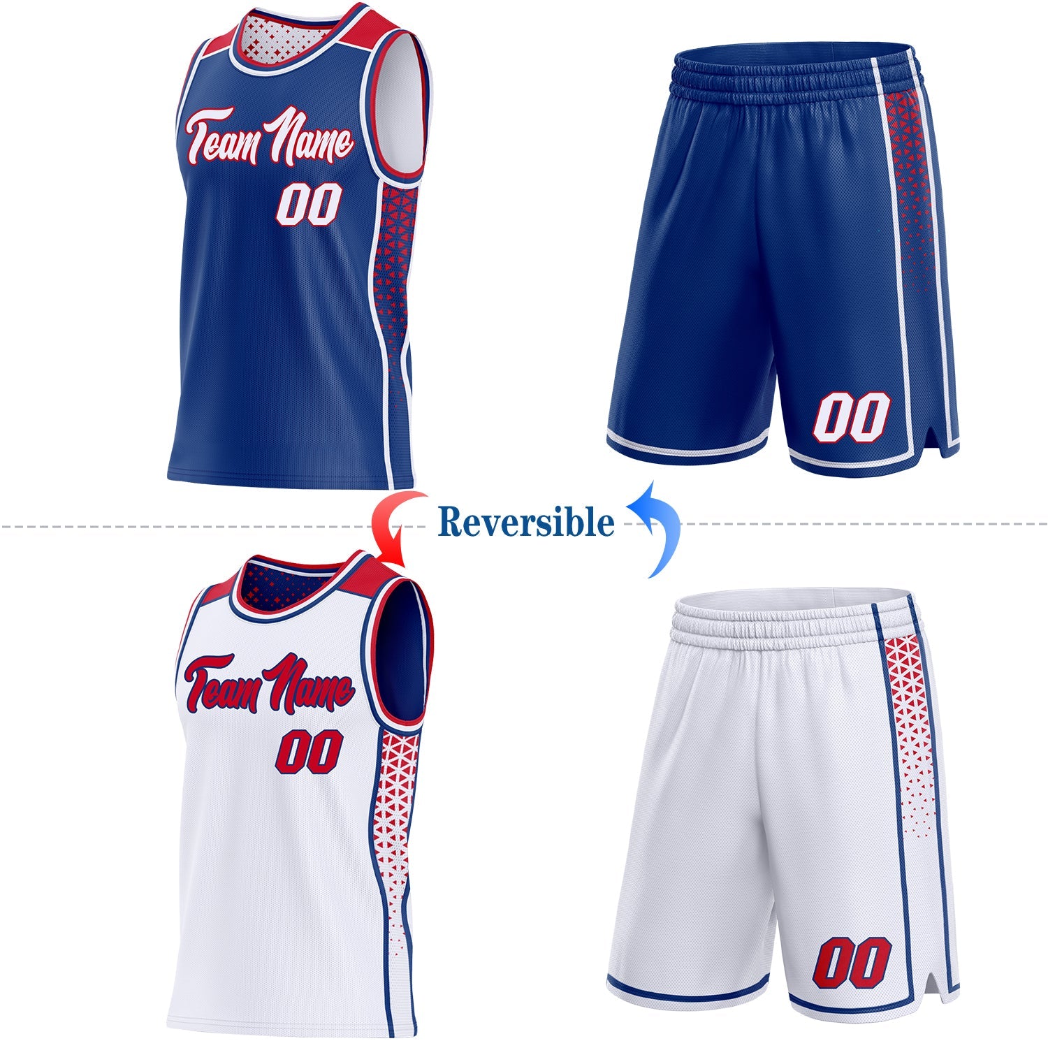 Custom Royal White-Red Side Panel Stripe Geometric Triangle Gradient Dot Reversible Double Side Sublimation Basketball Set Jersey view 2