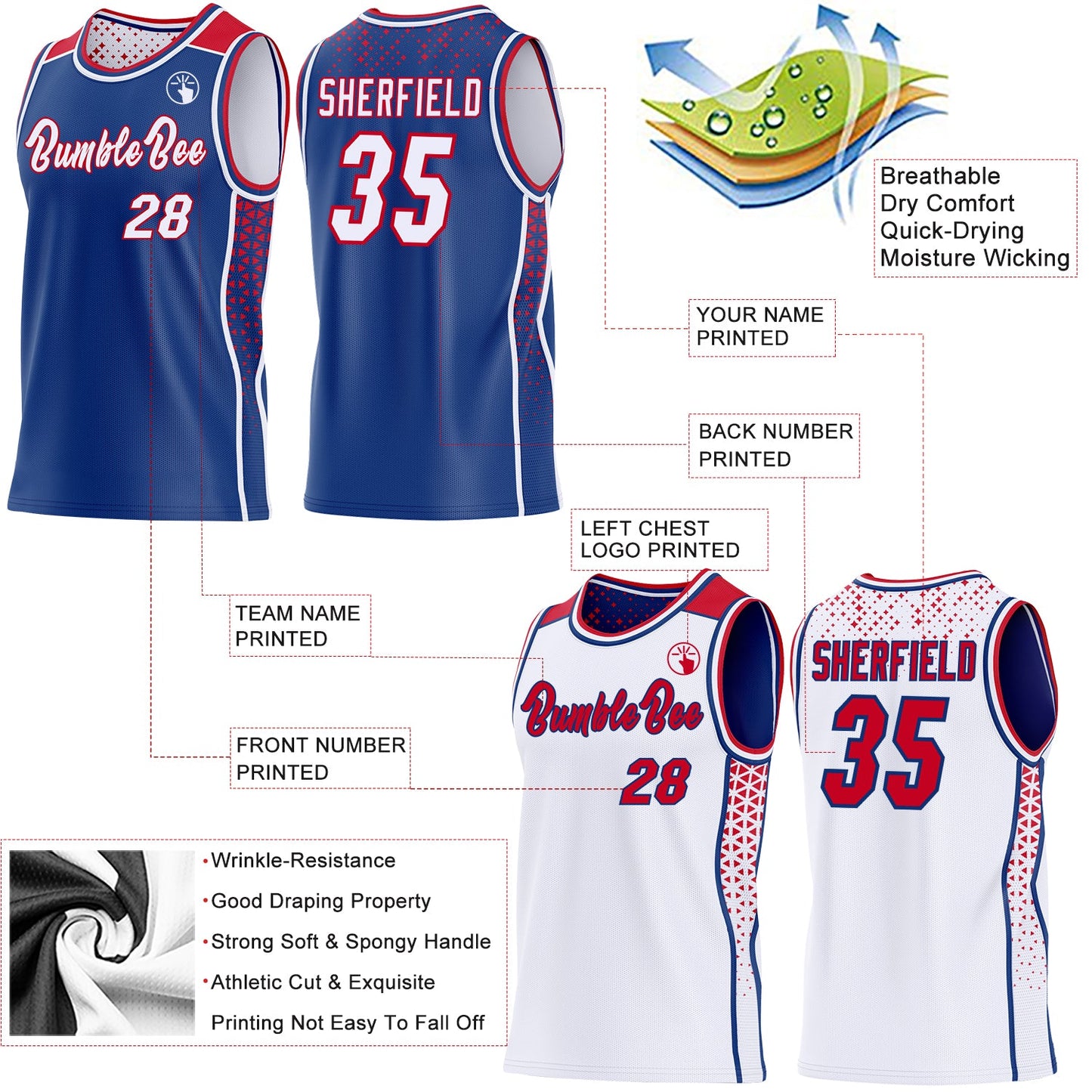 Custom Royal White-Red Side Panel Stripe Geometric Triangle Gradient Dot Reversible Double Side Sublimation Basketball Set Jersey view 3