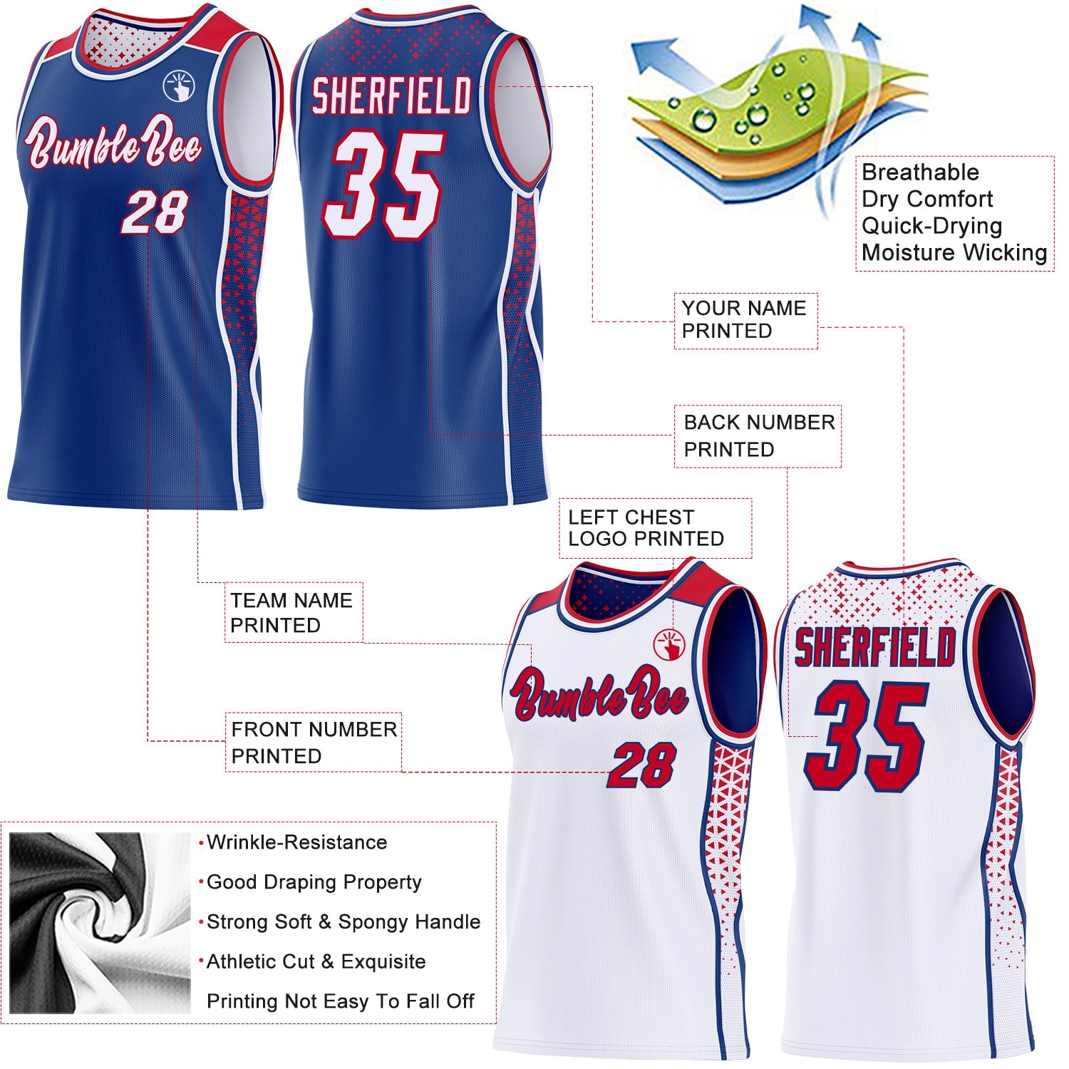 Custom Royal White-Red Side Panel Stripe Geometric Triangle Gradient Dot Reversible Double Side Sublimation Basketball Set Jersey view 3