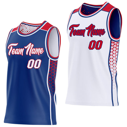 Custom Royal White-Red Side Panel Stripe Geometric Triangle Gradient Dot Reversible Double Side Sublimation Basketball Set Jersey - Main View