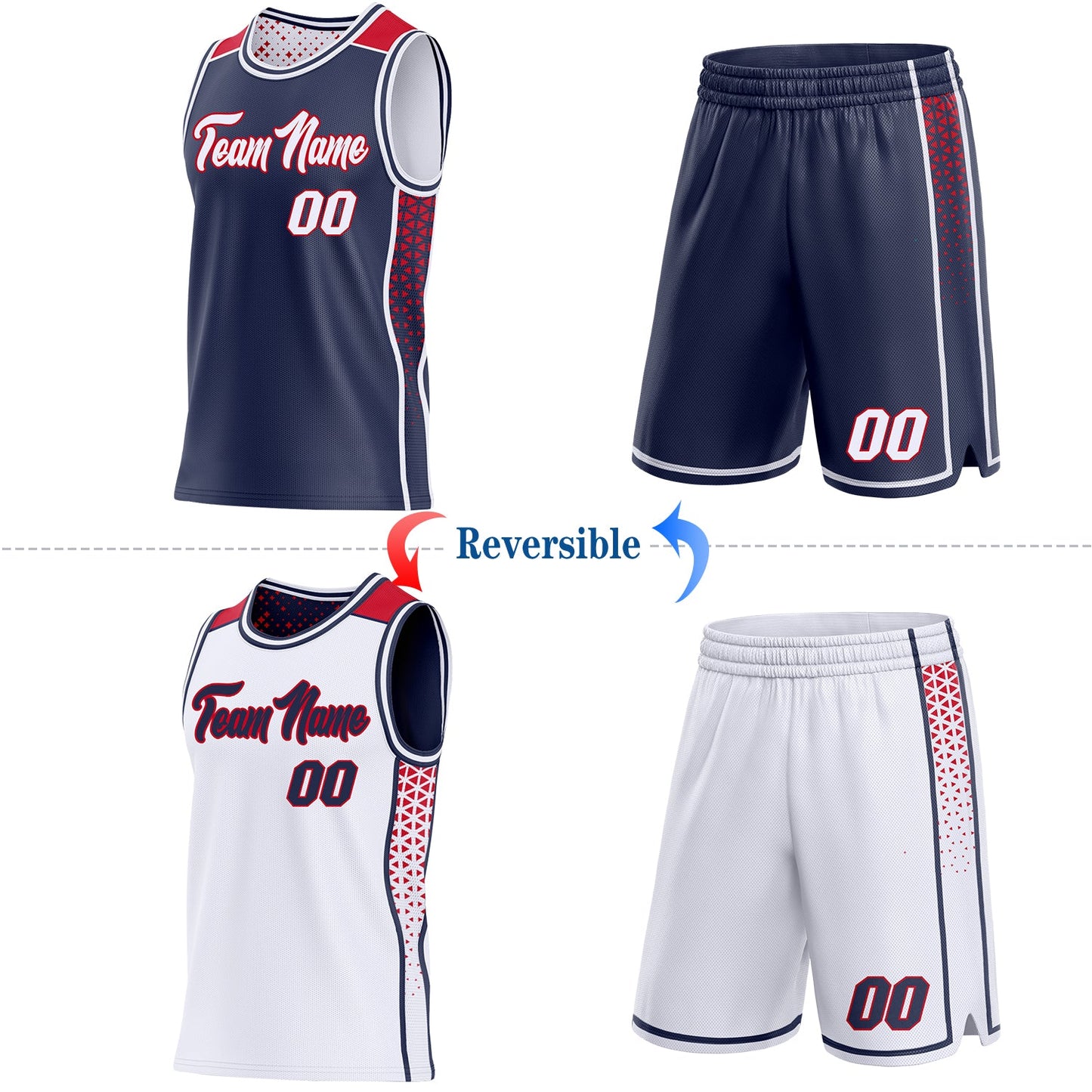 Custom Navy White-Red Side Panel Stripe Geometric Triangle Gradient Dot Reversible Double Side Sublimation Basketball Set Jersey view 2