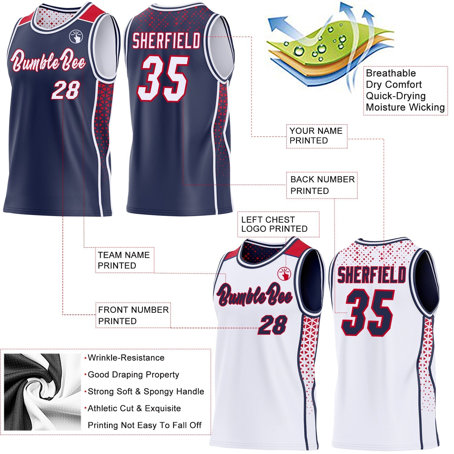 Custom Navy White-Red Side Panel Stripe Geometric Triangle Gradient Dot Reversible Double Side Sublimation Basketball Set Jersey view 3