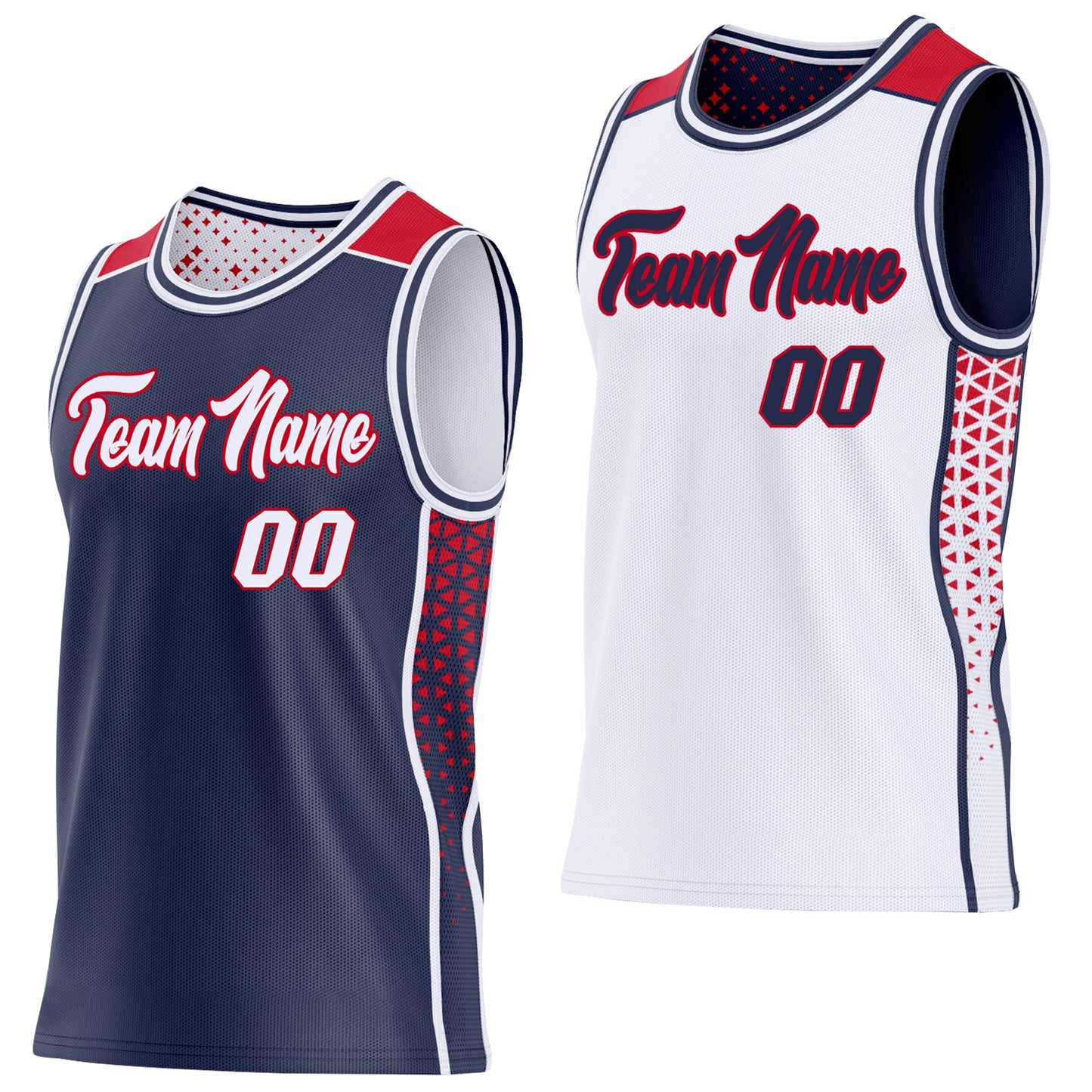 Custom Navy White-Red Side Panel Stripe Geometric Triangle Gradient Dot Reversible Double Side Sublimation Basketball Set Jersey - Main View