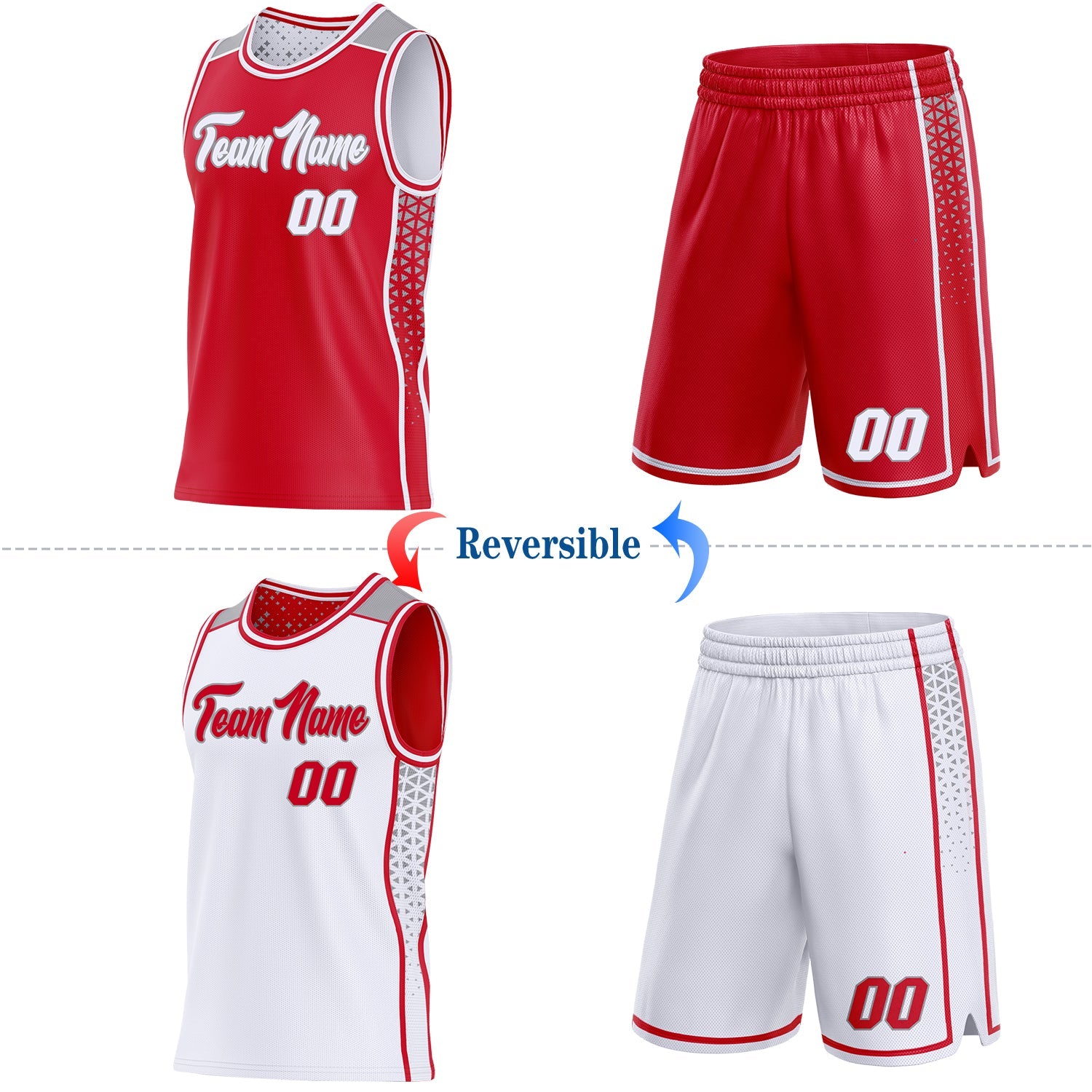Custom Red White-Gray Side Panel Stripe Geometric Triangle Gradient Dot Reversible Double Side Sublimation Basketball Set Jersey view 2