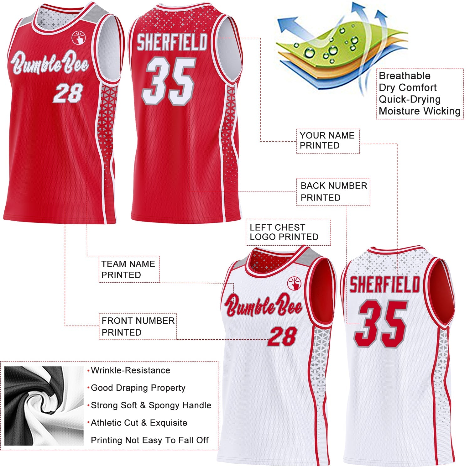 Custom Red White-Gray Side Panel Stripe Geometric Triangle Gradient Dot Reversible Double Side Sublimation Basketball Set Jersey view 3