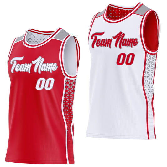 Custom Red White-Gray Side Panel Stripe Geometric Triangle Gradient Dot Reversible Double Side Sublimation Basketball Set Jersey - Main View