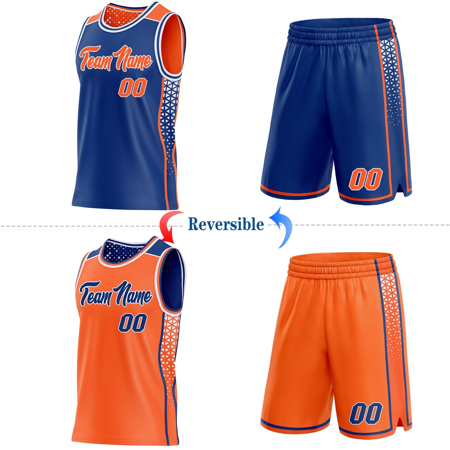 Custom Royal Orange-White Side Panel Stripe Geometric Triangle Gradient Dot Reversible Double Side Sublimation Basketball Set Jersey view 2