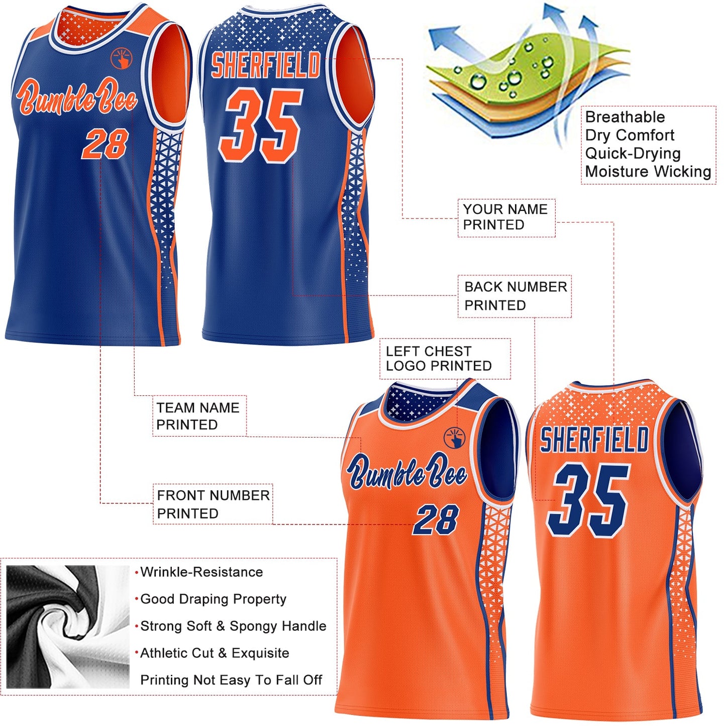 Custom Royal Orange-White Side Panel Stripe Geometric Triangle Gradient Dot Reversible Double Side Sublimation Basketball Set Jersey view 3