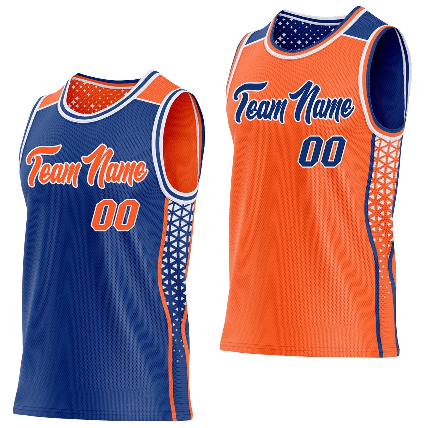 Custom Royal Orange-White Side Panel Stripe Geometric Triangle Gradient Dot Reversible Double Side Sublimation Basketball Set Jersey - Main View
