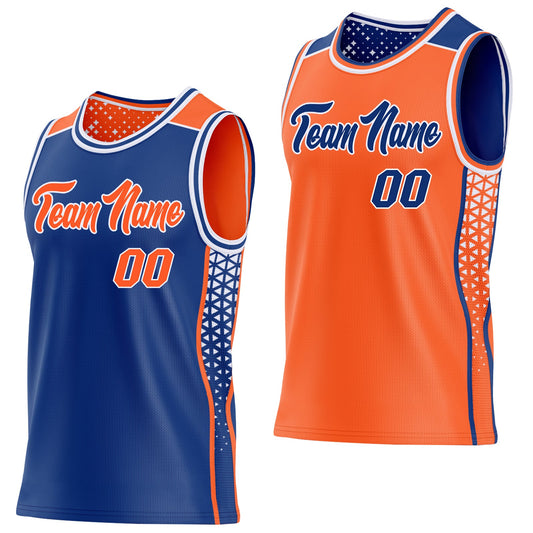 Custom Royal Orange-White Side Panel Stripe Geometric Triangle Gradient Dot Reversible Double Side Sublimation Basketball Set Jersey - Main View
