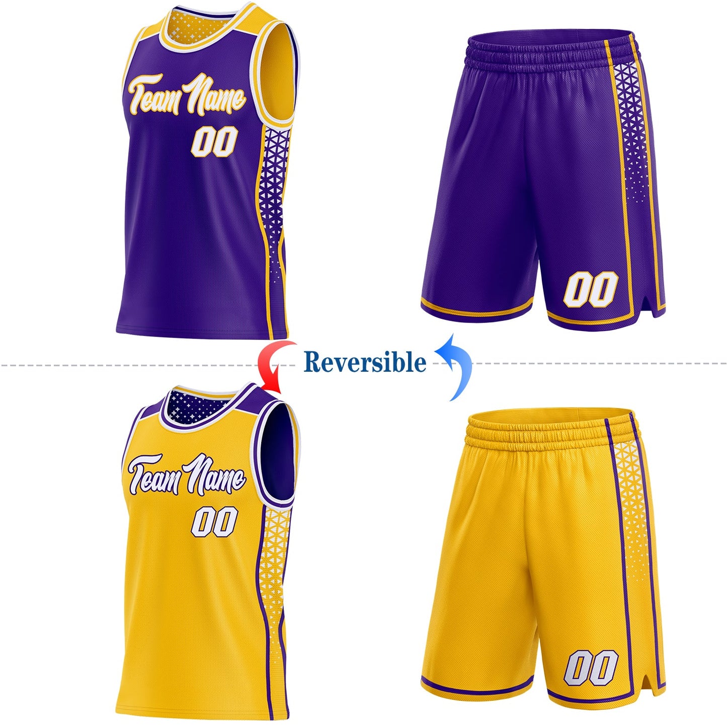 Custom Purple White-Gold Side Panel Stripe Geometric Triangle Gradient Dot Reversible Double Side Sublimation Basketball Set Jersey view 2