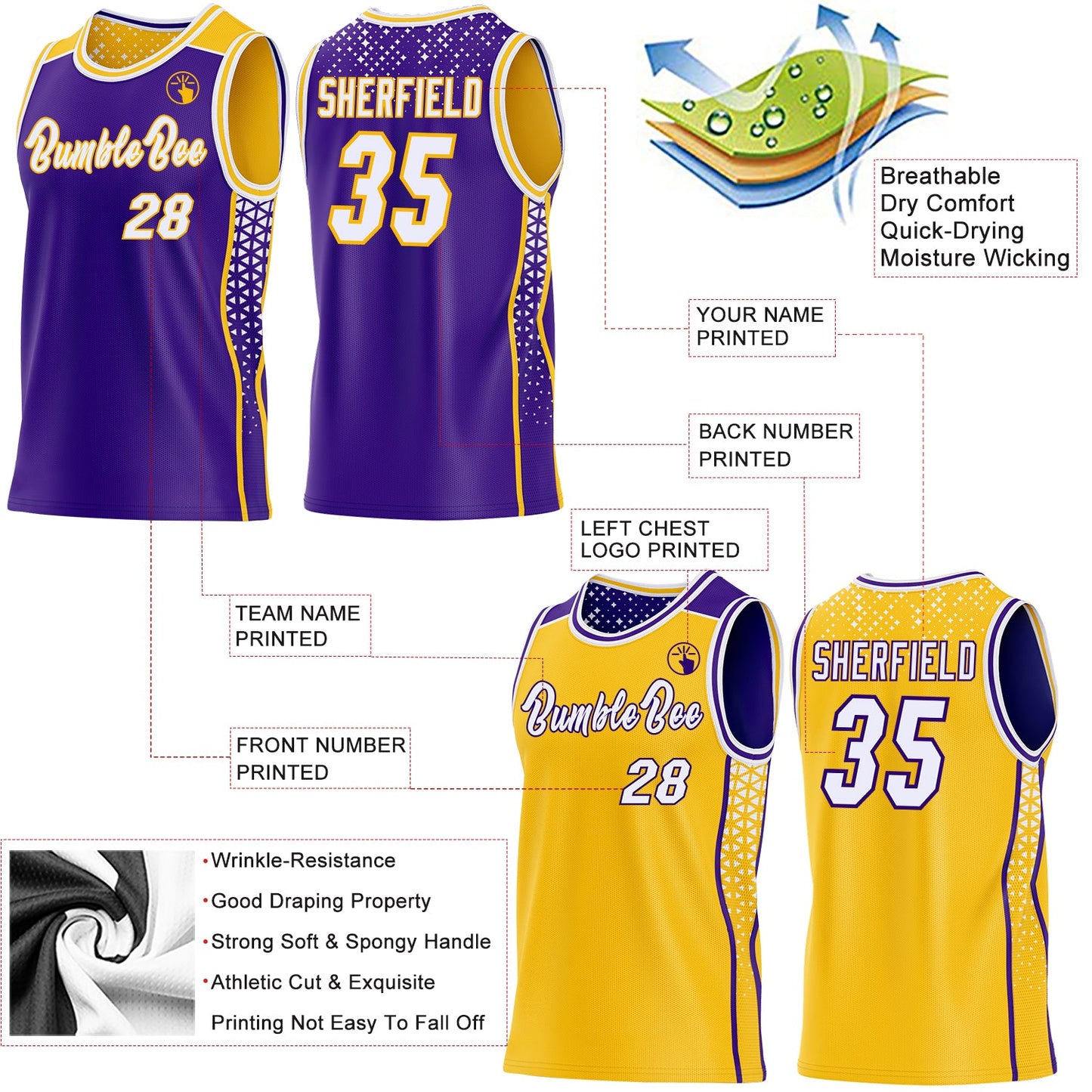 Custom Purple White-Gold Side Panel Stripe Geometric Triangle Gradient Dot Reversible Double Side Sublimation Basketball Set Jersey view 3