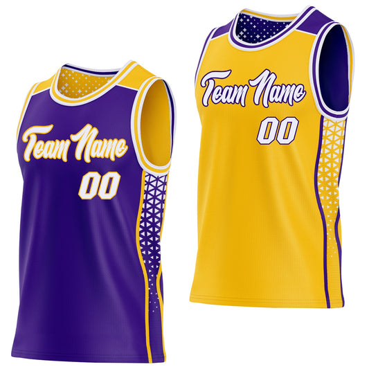 Custom Purple White-Gold Side Panel Stripe Geometric Triangle Gradient Dot Reversible Double Side Sublimation Basketball Set Jersey - Main View