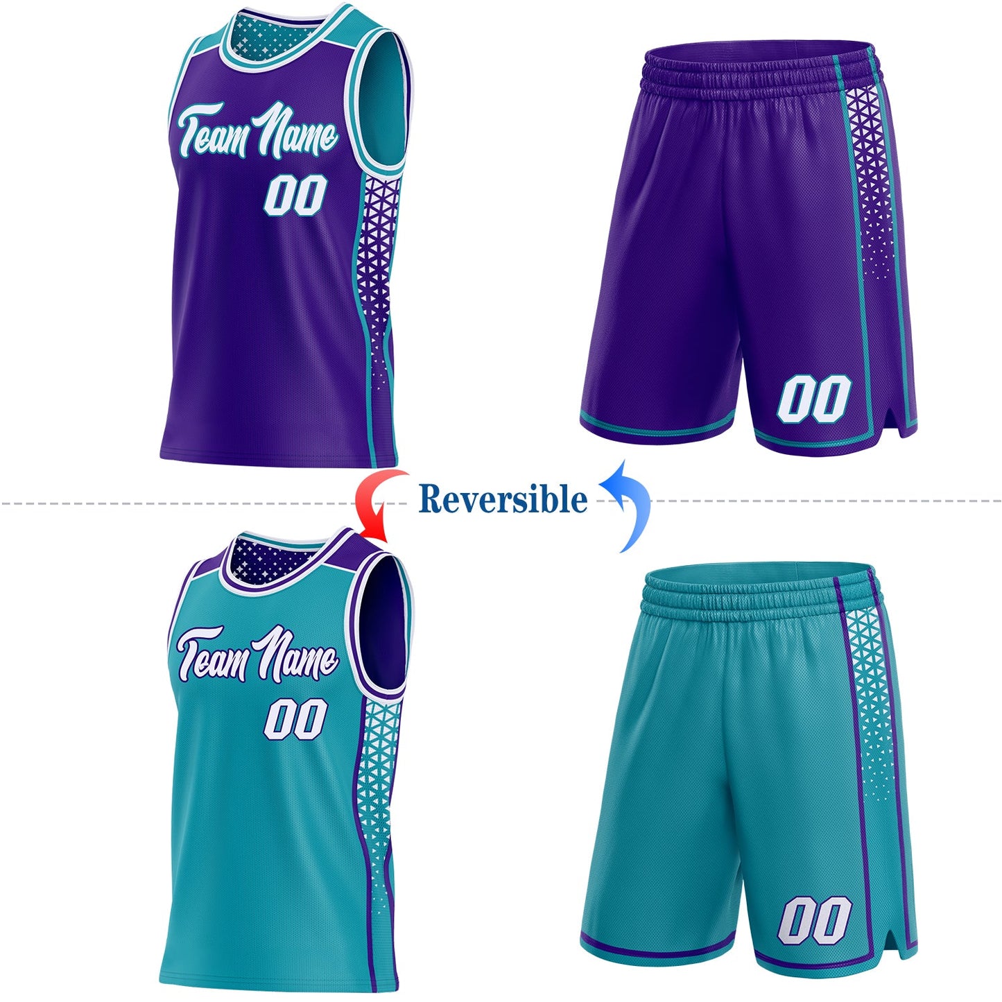 Custom Purple White-Teal Side Panel Stripe Geometric Triangle Gradient Dot Reversible Double Side Sublimation Basketball Set Jersey view 2