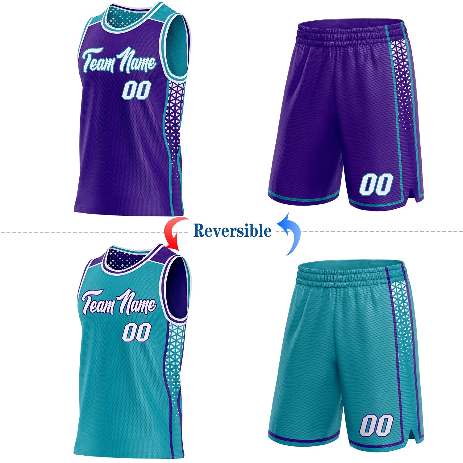 Custom Purple White-Teal Side Panel Stripe Geometric Triangle Gradient Dot Reversible Double Side Sublimation Basketball Set Jersey view 2