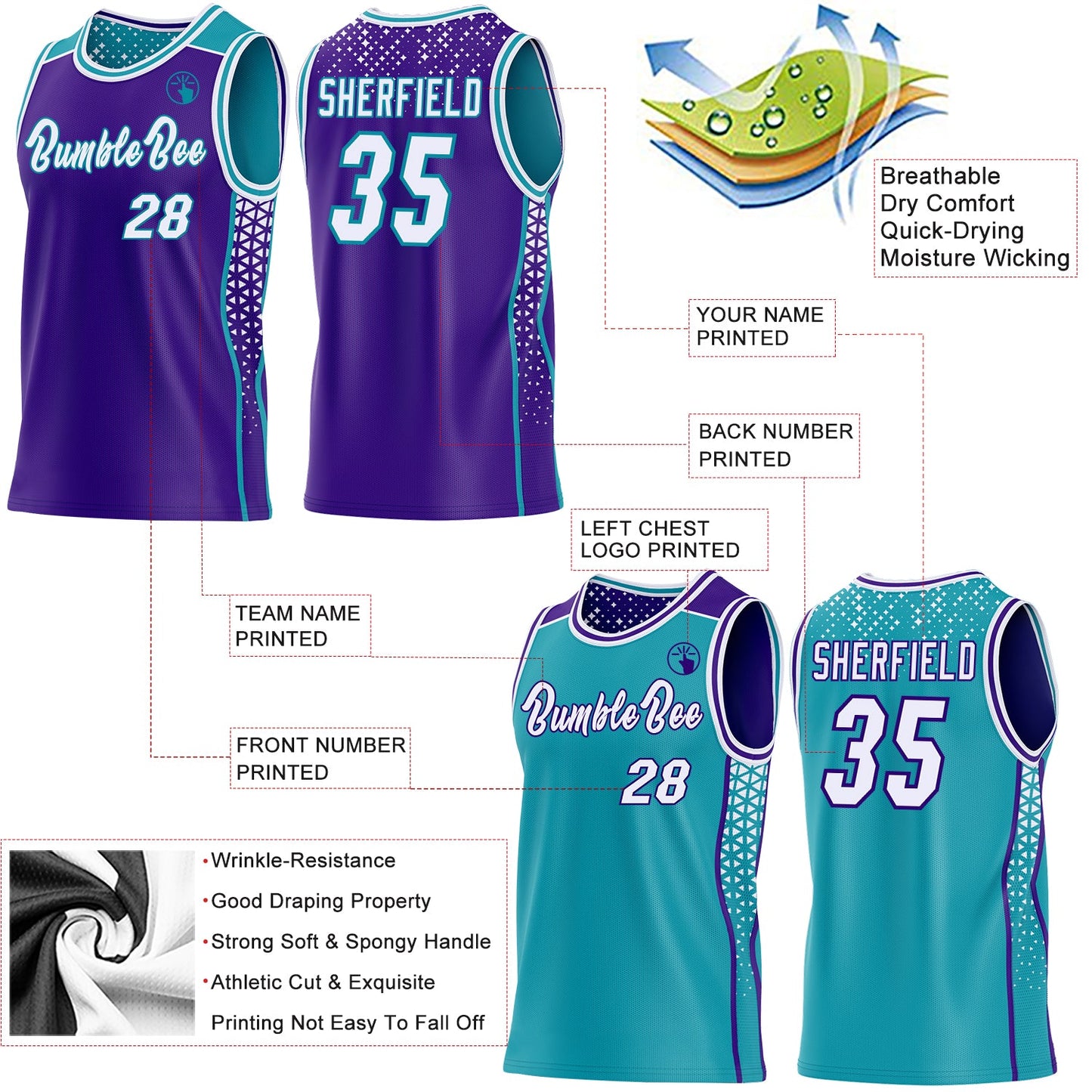 Custom Purple White-Teal Side Panel Stripe Geometric Triangle Gradient Dot Reversible Double Side Sublimation Basketball Set Jersey view 3