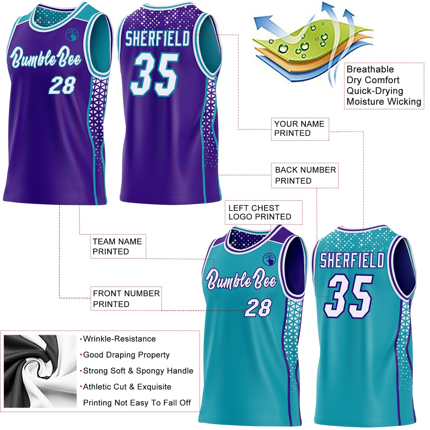 Custom Purple White-Teal Side Panel Stripe Geometric Triangle Gradient Dot Reversible Double Side Sublimation Basketball Set Jersey view 3