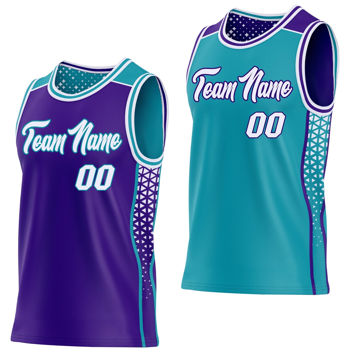 Custom Purple White-Teal Side Panel Stripe Geometric Triangle Gradient Dot Reversible Double Side Sublimation Basketball Set Jersey - Main View
