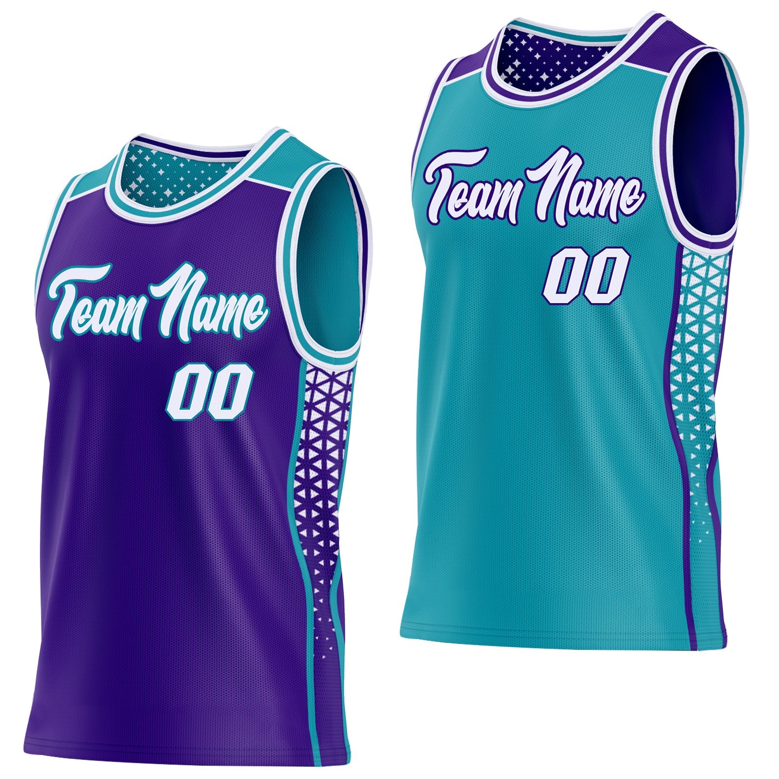 Custom Purple White-Teal Side Panel Stripe Geometric Triangle Gradient Dot Reversible Double Side Sublimation Basketball Set Jersey - Main View