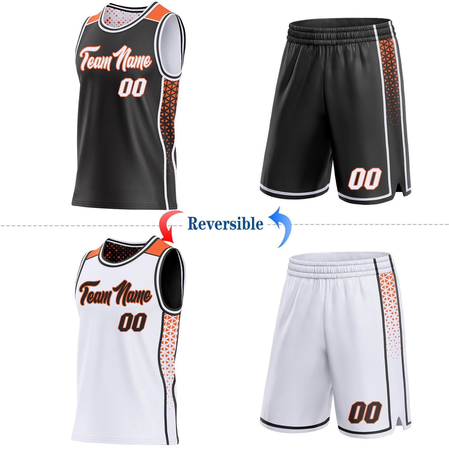 Custom Black White-Orange Side Panel Stripe Geometric Triangle Gradient Dot Reversible Double Side Sublimation Basketball Set Jersey view 2