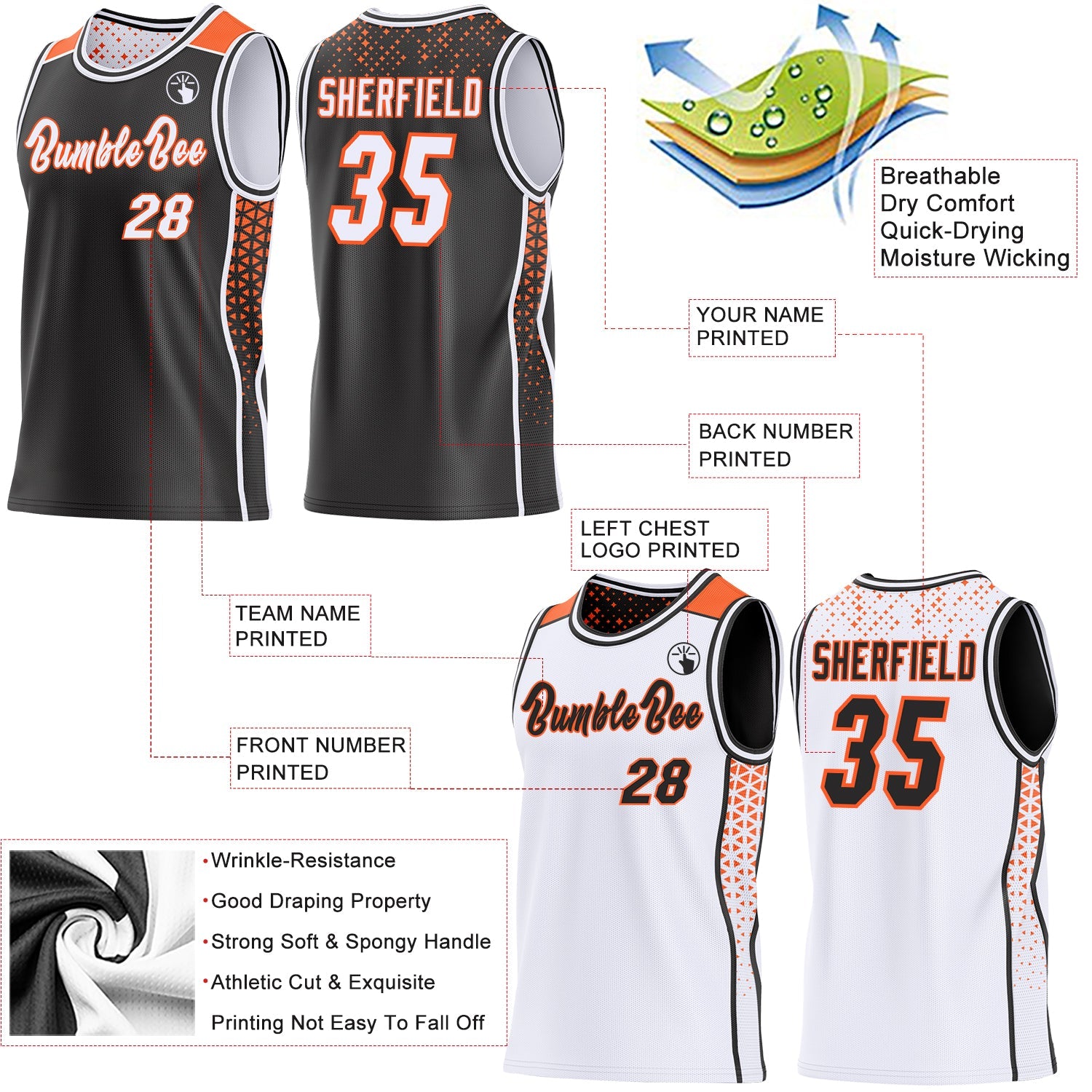 Custom Black White-Orange Side Panel Stripe Geometric Triangle Gradient Dot Reversible Double Side Sublimation Basketball Set Jersey view 3