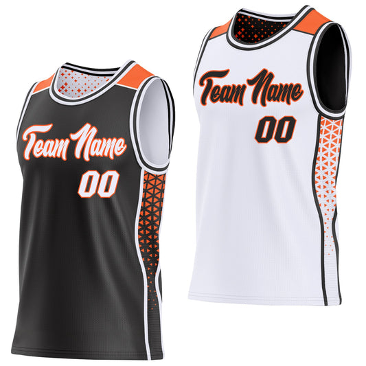 Custom Black White-Orange Side Panel Stripe Geometric Triangle Gradient Dot Reversible Double Side Sublimation Basketball Set Jersey - Main View