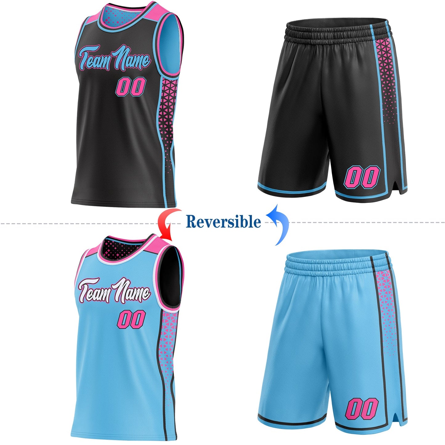 Custom Black Pink-Sky Blue Side Panel Stripe Geometric Triangle Gradient Dot Reversible Double Side Sublimation Basketball Set Jersey view 2