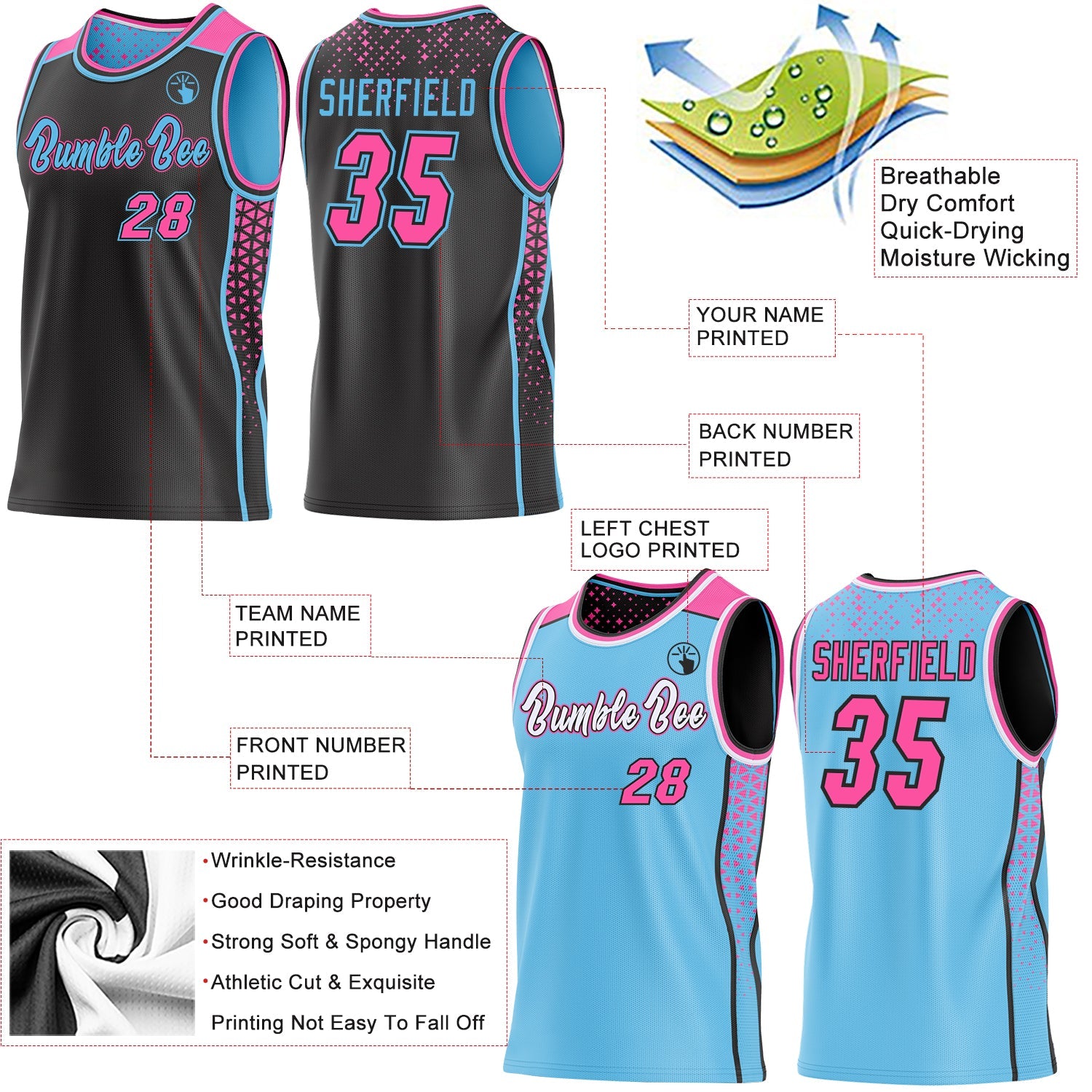 Custom Black Pink-Sky Blue Side Panel Stripe Geometric Triangle Gradient Dot Reversible Double Side Sublimation Basketball Set Jersey view 3