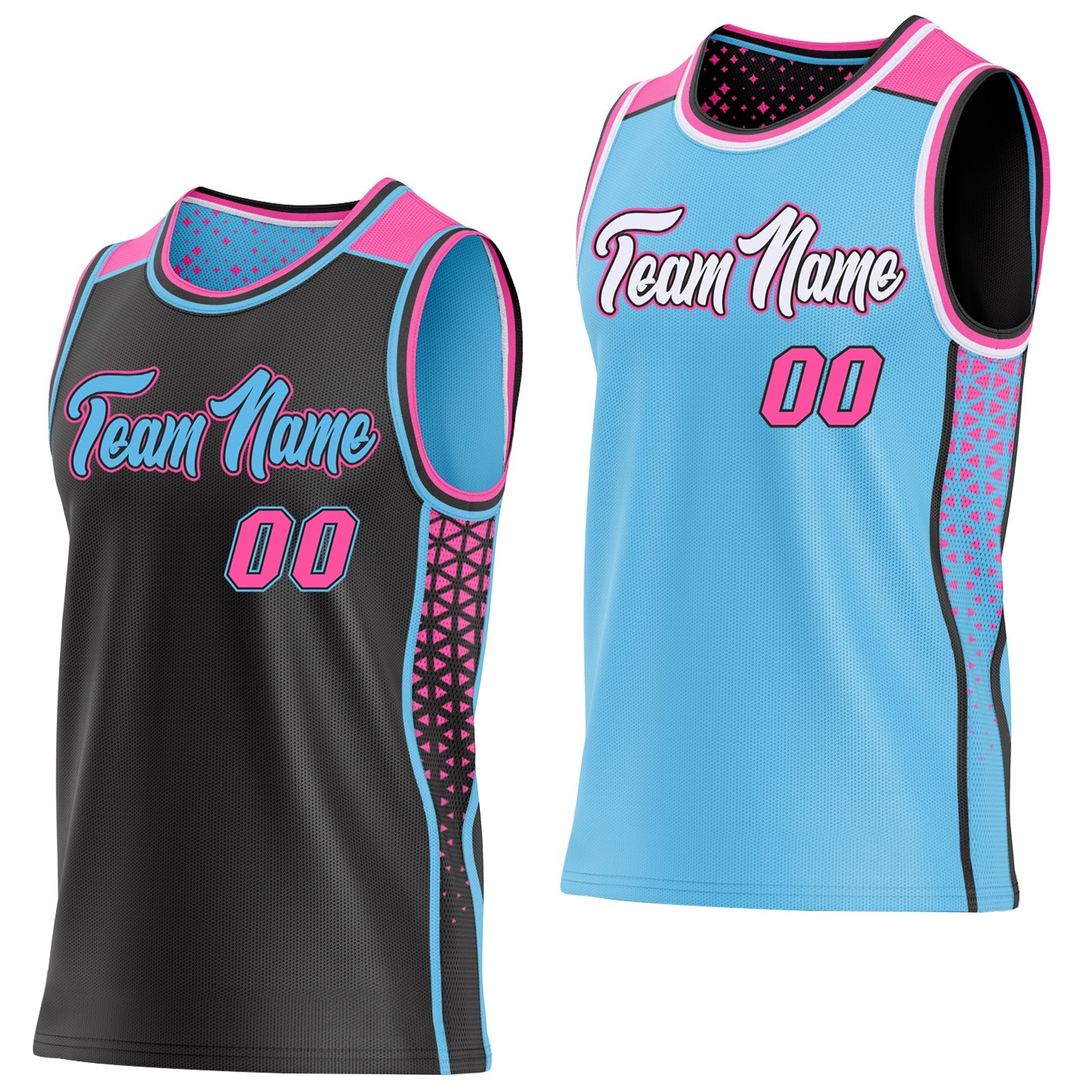 Custom Black Pink-Sky Blue Side Panel Stripe Geometric Triangle Gradient Dot Reversible Double Side Sublimation Basketball Set Jersey - Main View