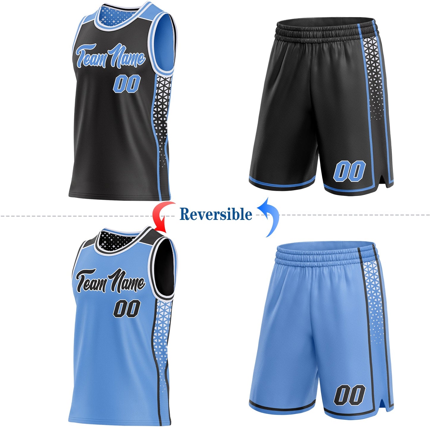 Custom Black Light Blue-White Side Panel Stripe Geometric Triangle Gradient Dot Reversible Double Side Sublimation Basketball Set Jersey view 2