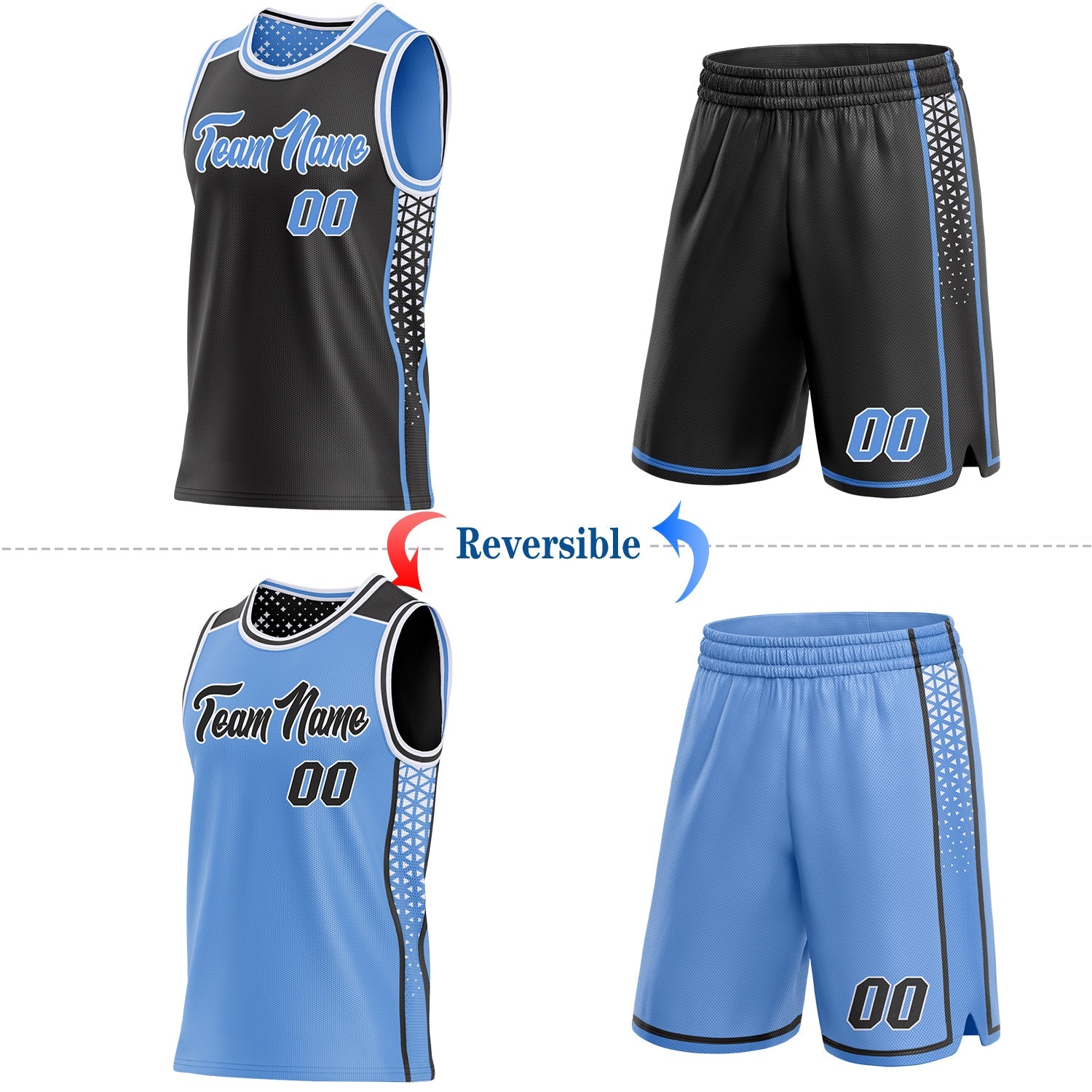 Custom Black Light Blue-White Side Panel Stripe Geometric Triangle Gradient Dot Reversible Double Side Sublimation Basketball Set Jersey view 2