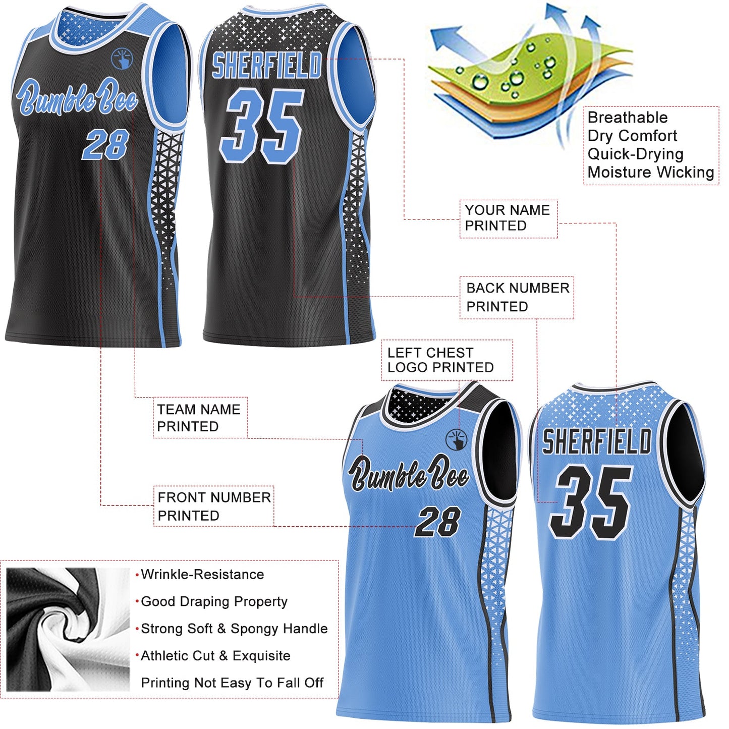 Custom Black Light Blue-White Side Panel Stripe Geometric Triangle Gradient Dot Reversible Double Side Sublimation Basketball Set Jersey view 3