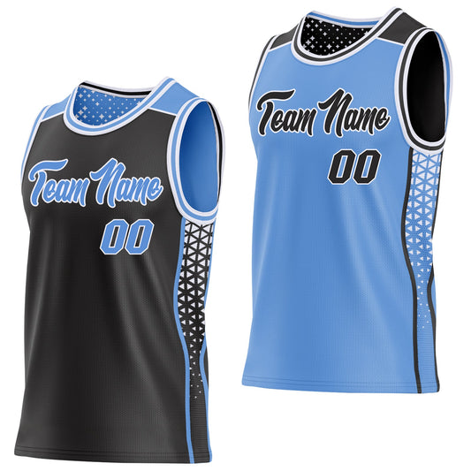 Custom Black Light Blue-White Side Panel Stripe Geometric Triangle Gradient Dot Reversible Double Side Sublimation Basketball Set Jersey - Main View
