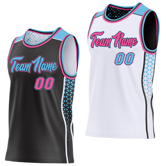 Custom Black Pink Sky Blue-White Side Panel Stripe Geometric Triangle Gradient Dot Reversible Double Side Sublimation Basketball Set Jersey - Main View
